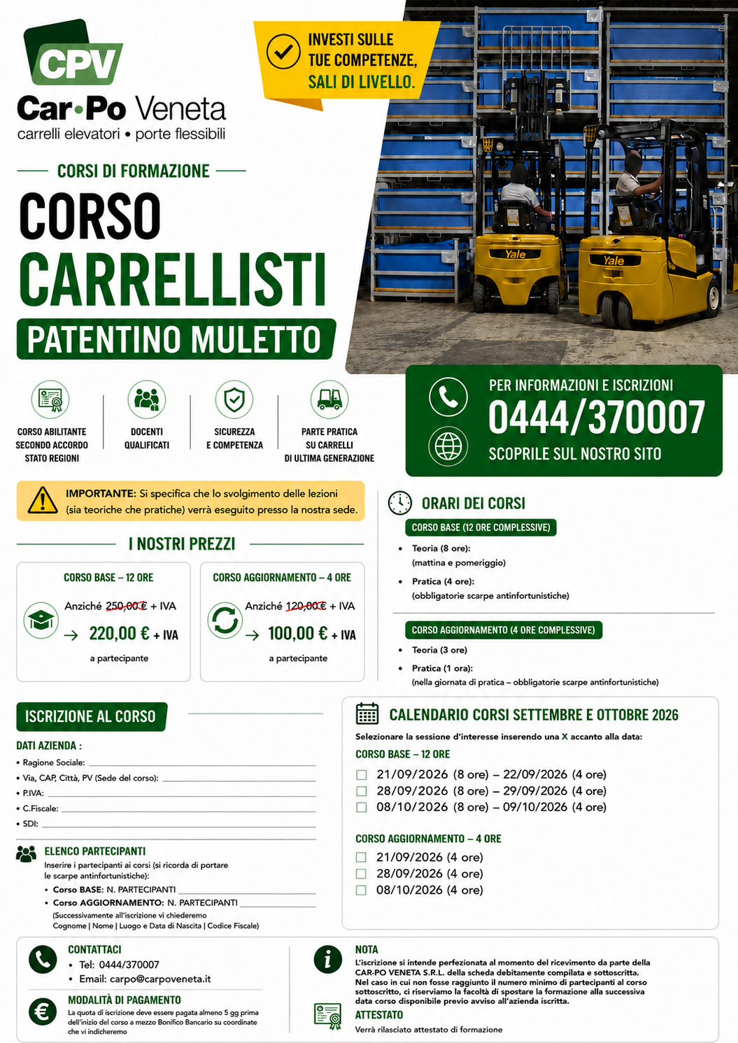 Nuove DATE DISPONIBILI CORSI PER LA CONDUZIONE DEI CARRELLI ELEVATORI 1 Calendario corsi SETTEMBRE OTTOBRE 2026 1